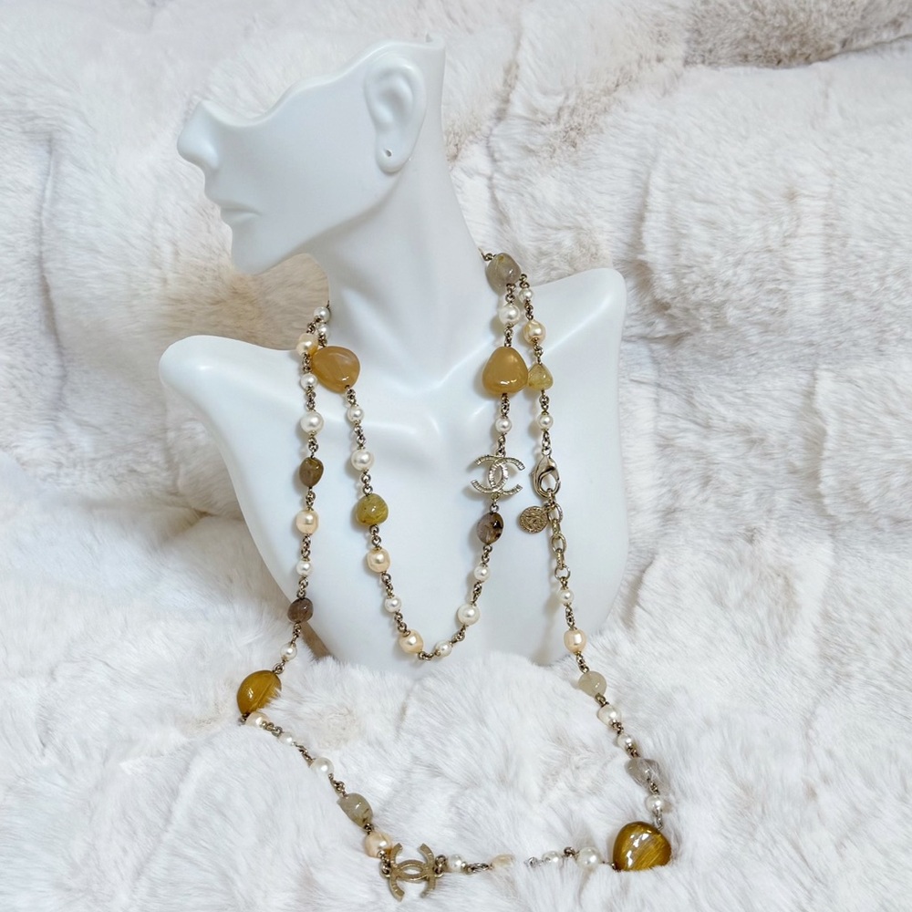 Chanel Pearl Crystal Beaded CC Logo Necklace